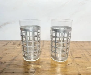 Vintage MCM Drinking Glasses w/ Removable Aluminum Sleeves Juice Rare Set Of 2 - Picture 1 of 10
