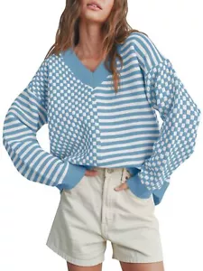 Saodimallsu Womens Checkered Striped Sweater V Neck Long Sleeve 2024 Fall Trendy - Picture 1 of 6