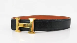 Authentic HERMES Black Leather Belt with Goldtone H Buckle #57268 - Picture 1 of 12