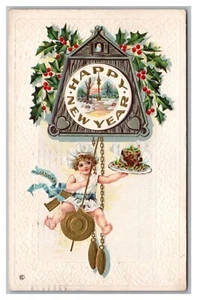 Postal Bebé Año Nuevo Oscilante Desde Reloj Péndulo 1912 L25 - Imagen 1 de 2