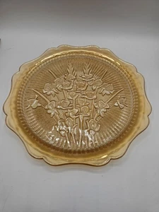 Vintage Jeanette Glass Amber Carnival Iris & Herringbone 12” Cake Plate Platter - Picture 1 of 3