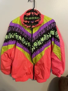 VTG 80’s Ocean Pacific OP Neon Windbreaker Reversible Full Zip Size Medium Rare - Picture 1 of 6