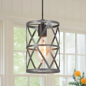 LNC Modern Industrial Brushed Grey Drum Pendant Light with Open Cage Shade Light - Picture 1 of 9