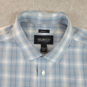 Kenneth Cole Awearness Dress Shirt Men's Size Large Blue Gray Plaid Stretch Slim - Picture 1 of 9
