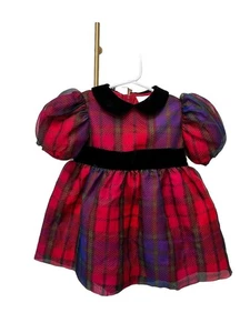 Vestido De Colección Florence Eiseman Rojo a Cuadros Manga Abullonada Terciopelo Negro Cuello Cintura Talla 2T - Imagen 1 de 5