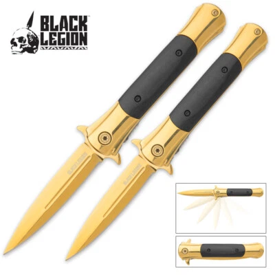 JUEGO DE 2 CUCHILLOS DE AGUJA CICLÓN DORADO BLACK LEGION HOJAS DE LANZA DE APERTURA ASISTIDA Foto 1 de 3