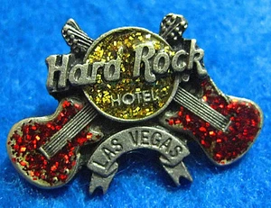 LAS VEGAS HOTEL RED GOLD JEWELED GLITTER CROSSED GUITARS LOGO Hard Rock Cafe PIN - Picture 1 of 1