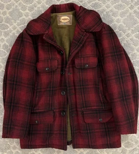 Vtg CARTER'S Wool Hunting Jacket Red Mackinaw Plaid Game Pouch - Picture 1 of 9