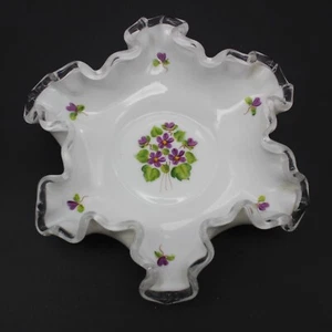 Fenton Art Glass Silver Crest Violets in the Snow Ruffled Bon Bon Dish #7225 6" - Picture 1 of 9