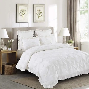 5 Pc Comforter Set Queen White Color Pinch Pleat Scallop Fringe - Picture 1 of 4