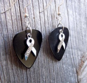 White Survivor Ribbon Charm Guitar Pick Earrings - Picture 1 of 3