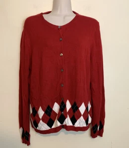 Charter Club Damen Baumwolle Knopfleiste rot schwarz Argyle Cardigan Pullover L Haustier - Bild 1 von 6