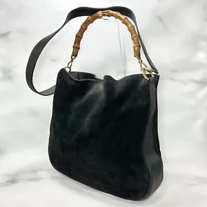 GUCCI Bamboo Shoulder Bag Handbag Black Suede Leather 2way Large Authentic - Picture 1 of 24