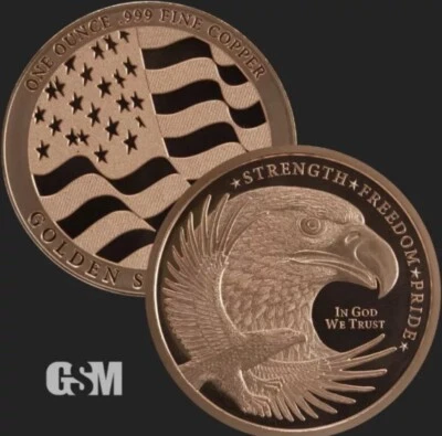 1 OZ Double Eagle American Flag Freedom Round  Fine Copper Bullion BU Proof Coin - Image 1 of 3