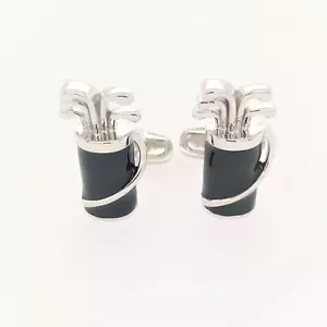 Sacca da golf mazza gemelli smaltati neri argento sterling 925 - Foto 1 di 2
