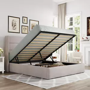 Full Size Lift up Storage Bed, Modern Wingback Headboard, Hydraulic Support, No - Picture 1 of 9