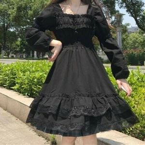 Lady Girl Gothic Kleid Lolita Spitze Schwarz Langarm Rüschen Vintage Punk Elegant - Bild 1 von 8