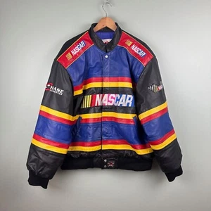 Giacca di vera pelle Jeff Hamilton Chase taglia LG NASCAR a righe nero/rosso/blu - Foto 1 di 24