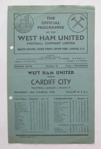 WEST HAM UNITED v CARDIFF CITY 1947/1948 *Good Cond Football Programme* - Picture 1 of 3