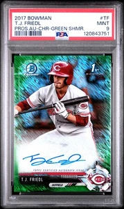 2017 Bowman T.J. Friedl Green Shimmer /99 Chrome Prospect RC ON CARD AUTO PSA 9 - Picture 1 of 3