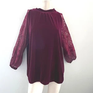 John Mark Damen Samt Top XL Spitzenärmel Bluse weinrot elegant romantisch zeitlos - Bild 1 von 8