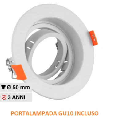PORTAFARETTO ORIENTABILE BIANCO da Incasso PER  Lampadine LED GU10 FARETTO - Immagine 1 di 4