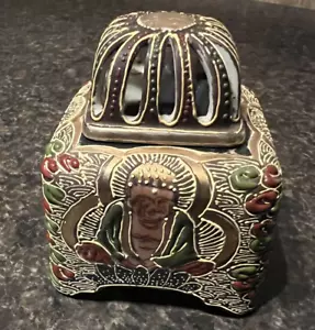 ANTIQUE Signed Vantines Japanese Satsuma Incense Burner Square Handpainted w/Lid - Picture 1 of 10