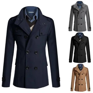 Warmer Mantel Oberbekleidung Herren Winter Wolle Lange Jacke Trenchcoat Zweireiher - Bild 1 von 28