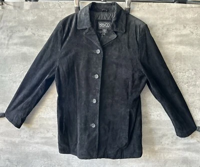 Chaqueta abotonada vintage de gamuza de cuero acolchada negra New York & Company talla L Foto 1 de 4