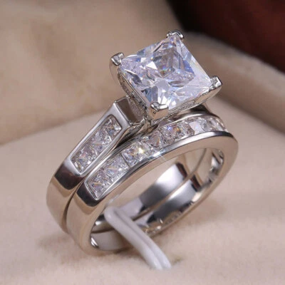 9mm Princess Cut CZ Band Women's18K White Yellow Gold Plated Rings Set Size 6-10 - Image 1 of 4
