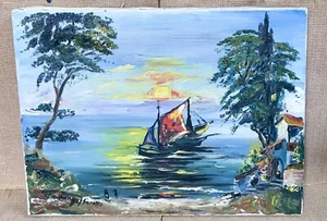 Vintage Boot nähert sich Insel bei Sonnenuntergang Ölgemälde auf Leinwand Künstler signiert - Bild 1 von 6