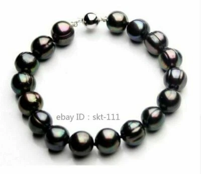 Huge 9-10mm tahitian black green baroque pearl bracelet 7.5" - Image 1 of 3