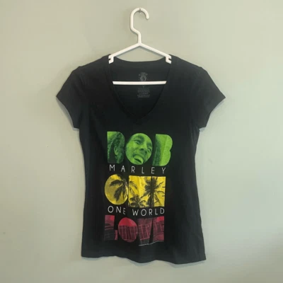 NWOT Bob Marley Womens V-neck One Love One World Graphic T-Shirt Black Medium - Image 1 of 4