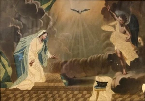 French Embroidered Painting on Canvas Scene: The Annunciation Rare Old 19th-C - Picture 1 of 9