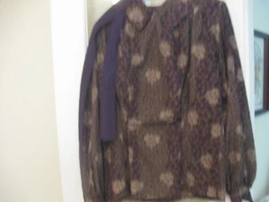 Silky Poly BLOUSE, Small (8-10), Silver Flowers on Black, Long Sleeve - Picture 1 of 2