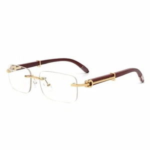 Mens Luxury Fashion Wood Temple Rimless Rectangle Glasses Blue Light Blocking - Picture 1 of 4