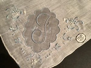 A+ Madeira Bridal BLUE Monogram “J” Wedding Handkerchief Heirloom Embroid TAG! - Picture 1 of 9
