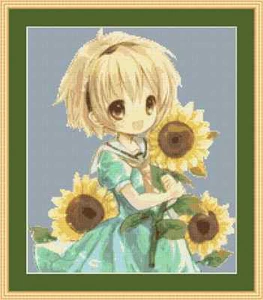 Anime Girl With Sunflowers Cute Beautiful Cross Stitch Kit - Picture 1 of 2