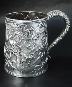 Rare Antique Chinese Solid Silver Tankard Mug By Kwong Man Shing Dragon Design - Picture 1 of 19
