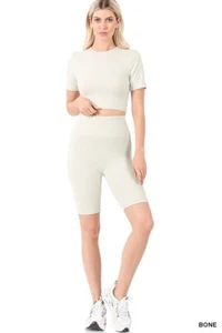 2 PC Zenana Biker Short Set + Crop Top Matching Set Outfit Sz M Bone BUTTERY - Picture 1 of 3