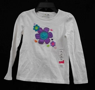NWT-Girl's L/S Applique & Embroidered Flowers Tee -Jumping Beans - White - Sz 6x - Image 1 of 2