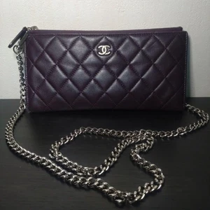 CHANEL Purple Long Wallet Leather Chain Strap Card Holder Silver Authentic Used - Picture 1 of 15