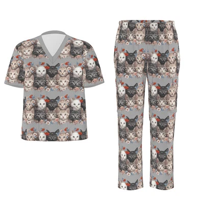 Cat Print Unisex Scrub Set Medical Scrubs Top Pants Men Women 2pc Outfit - Image 1 of 4
