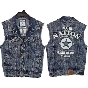Parish Nation Blue Denim Embroidered Distressed Men's Vintage Vest Medium - Picture 1 of 2