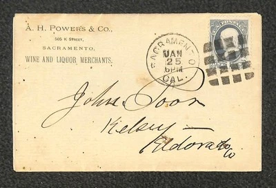 206 STAMP A. H. POWERS & CO WINE SACRAMENTO CALIFORNIA FANCY CANCEL COVER 1884 - Image 1 of 4