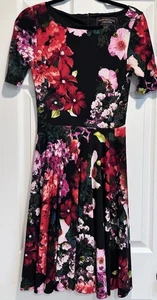 Marc Bouwer Dress Womens 4P Black Red Floral Poppy Photostat Below Knee/Midi - Picture 1 of 11