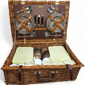 Vintage 1950s Brexton Wicker 4 Person Picnic Case Royal Tudor Ware China Taverns - Picture 1 of 24