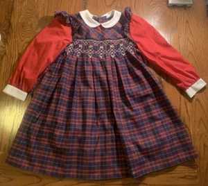 Cute Vintage Polly Flinders Dress Red Blue Plaid Hand Smocked Collar Girls Sz 6 - Picture 1 of 4