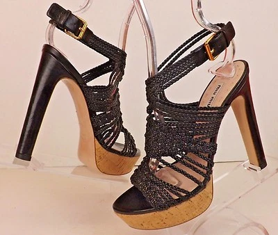 NIB MIU MIU 5XP277 BRAIDED PATENT LEATHER CAGE PLATFORM HEEL SANDALS 39.5 US 9 - Image 1 of 4