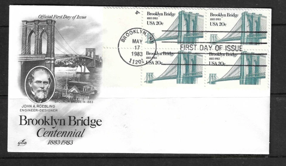 US SC # 2041 Brooklyn Bridge FDC BLK4 / Plate Number . Artcraft Cachet.. - Image 1 of 1